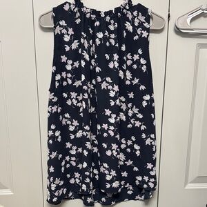LOFT Navy Sleeveless Top with Pink and White Floral Print
